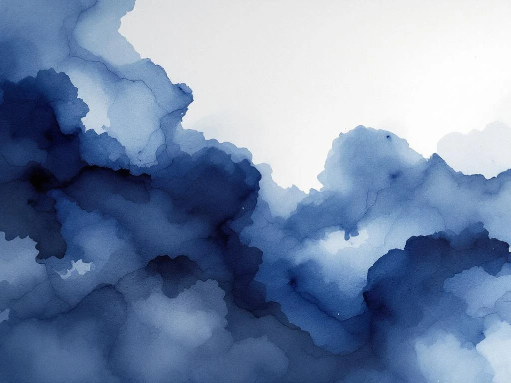 Abstract aquarel schilderij met vloeiende diepblauwe, witte, grijze en zwarte tinten in zachte kleurovergangen
