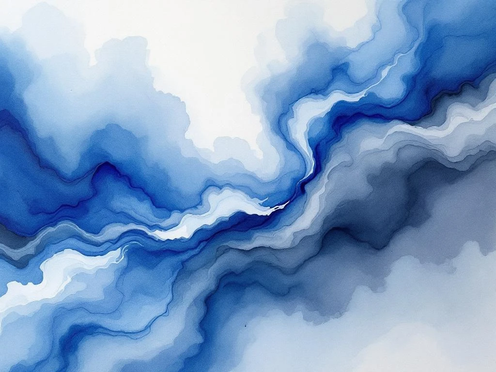 Abstract aquarel schilderij met vloeiende blauwe, witte, zwarte en grijze tinten in organische kleurovergangen
