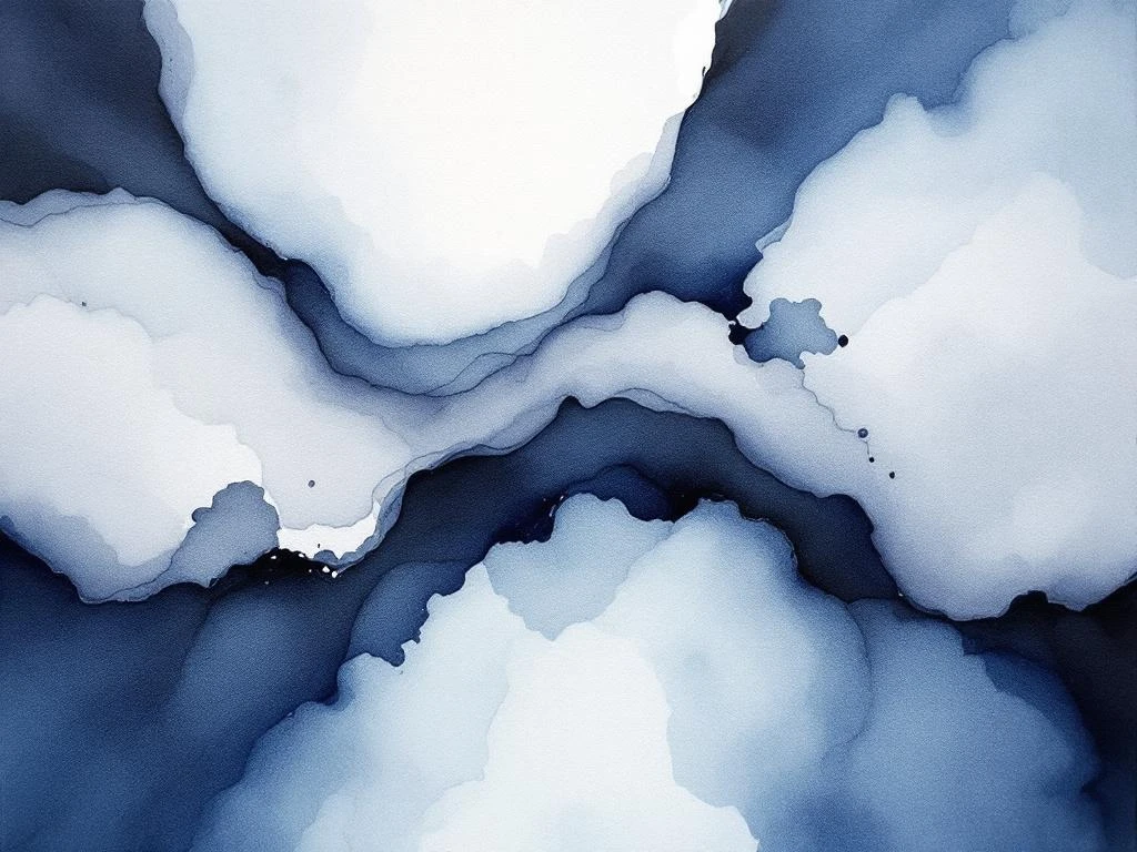 Abstract aquarel schilderij met vloeiende diepblauwe, witte, zwarte en grijze kleurovergangen in minimalistische stijl