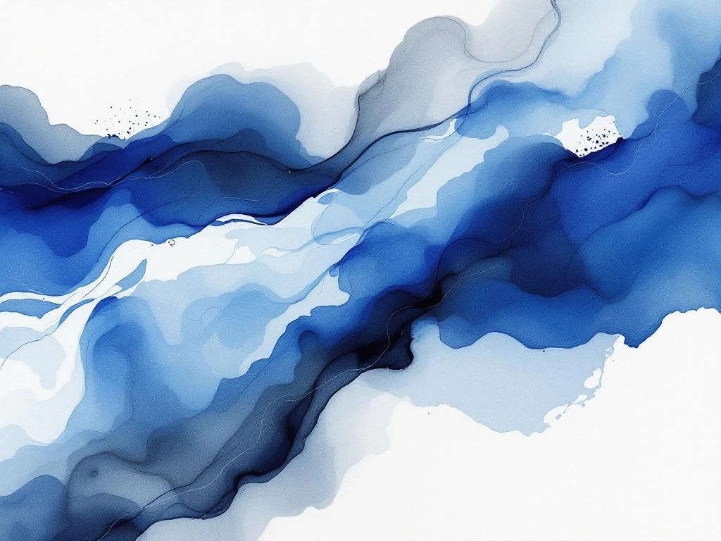 Abstracte minimalistische aquarel met vloeiende blauwe, witte, zwarte en grijze tinten in organische vormen