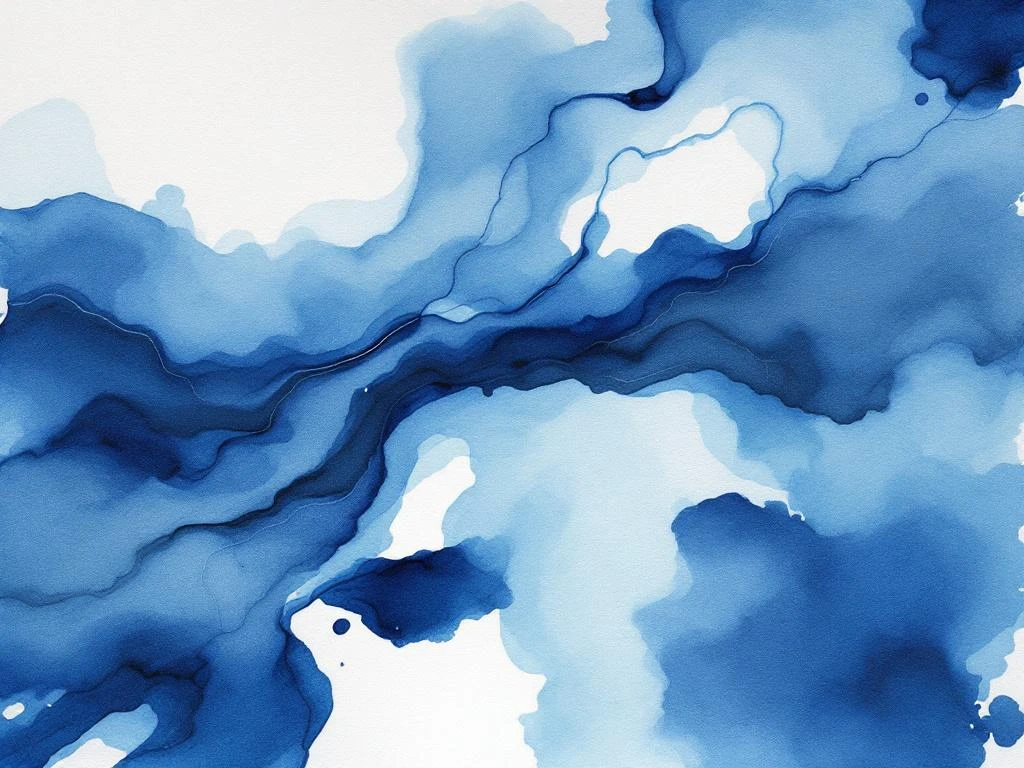 Abstracte minimalistische aquarel met vloeiende donkerblauwe tinten, witte ruimtes en zachte grijze overgangen