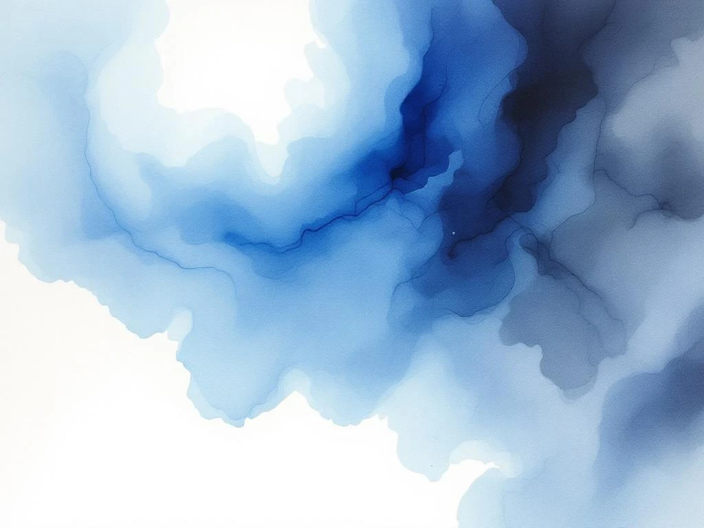 Abstract watercolor schilderij met vloeiende blauwe, witte, zwarte en grijze tinten in minimalistische stijl