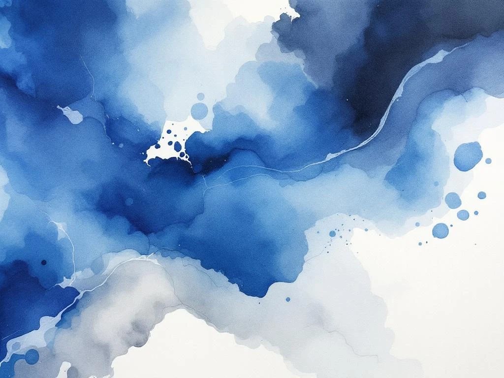 Abstract waterverf schilderij met vloeiende koningsblauwe, witte, zwarte en grijze tinten in organische kleurwassen