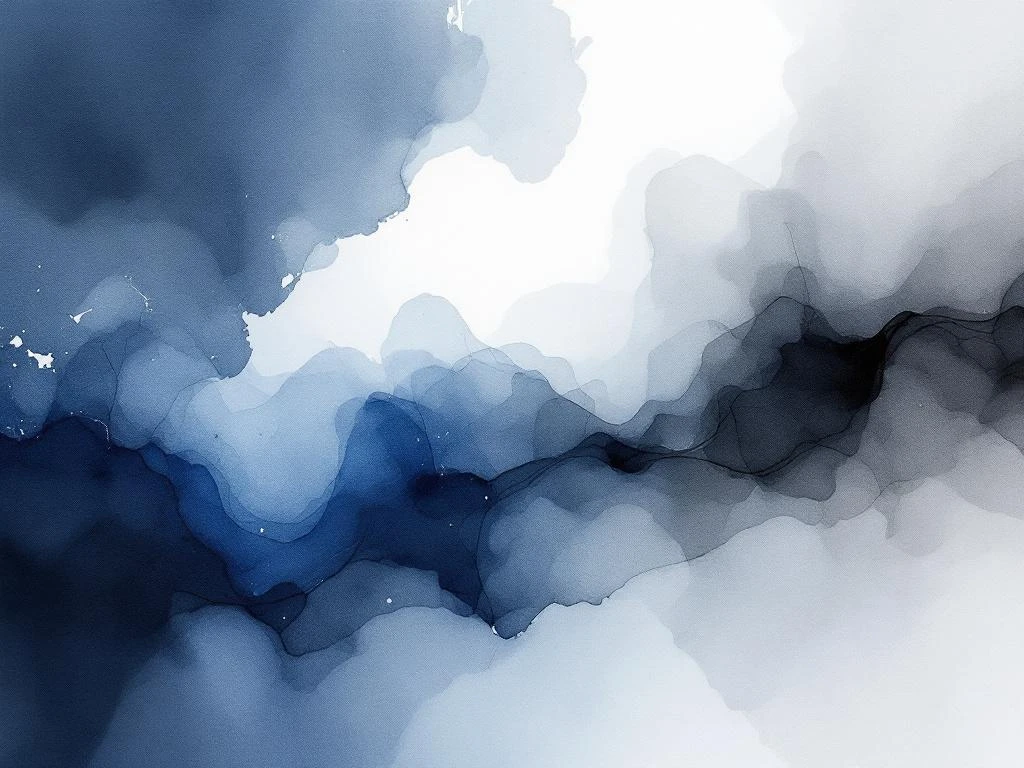 Abstracte minimalistische aquarel met vloeiende blauwe, witte, grijze en zwarte tinten in zachte kleurovergangen