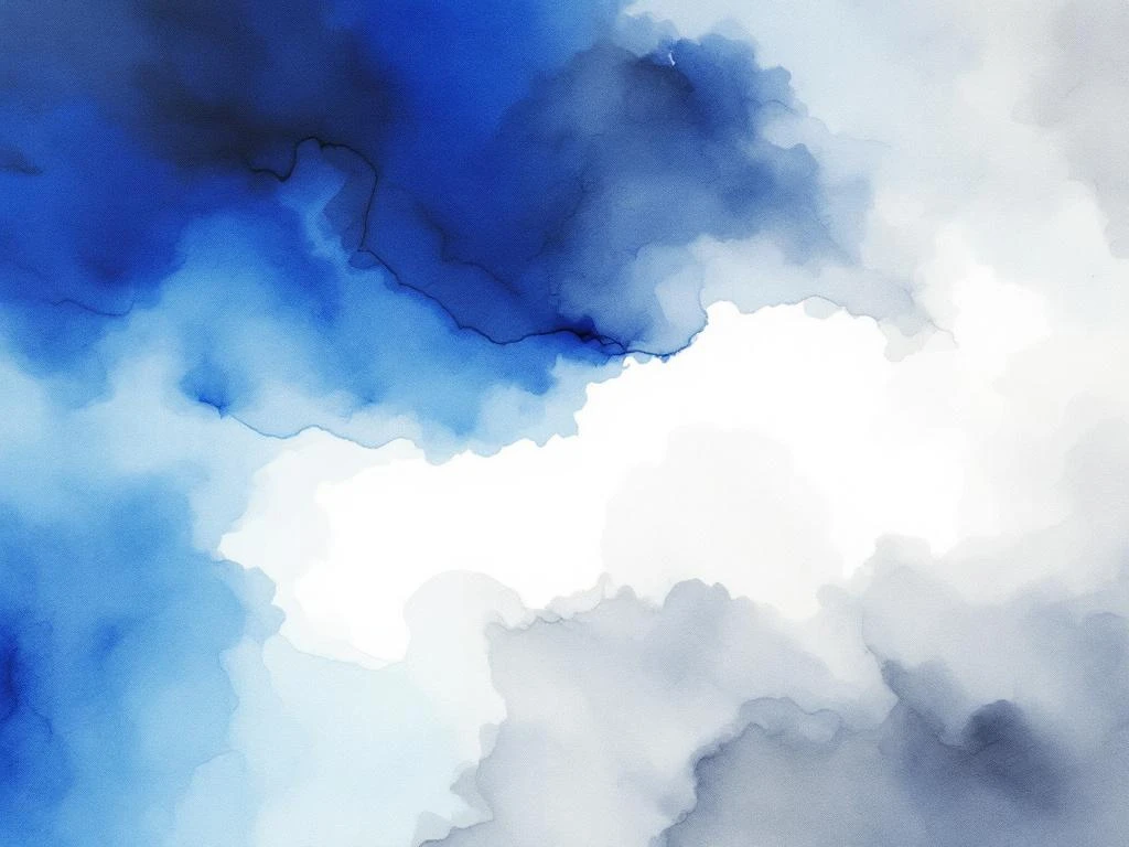 Abstract aquarel schilderij met vloeiende kleurovergangen in koningsblauw, wit, zwart en grijs tinten