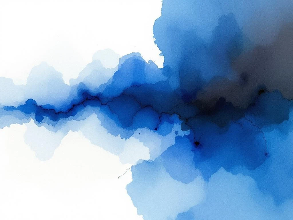 Abstracte minimalistische aquarel met vloeiende blauwe, witte en grijze kleurvlakken in organische vormen