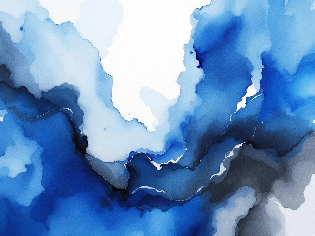 Abstracte minimalistische aquarel met vloeiende kleurwassen in koningsblauw, wit, zwart en grijstinten