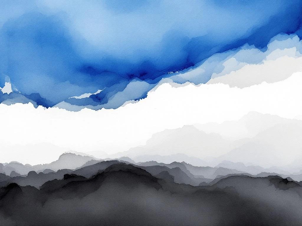 Abstracte minimalistische aquarel met vloeiende blauwe, witte, grijze en zwarte tinten in horizontale bewegingen