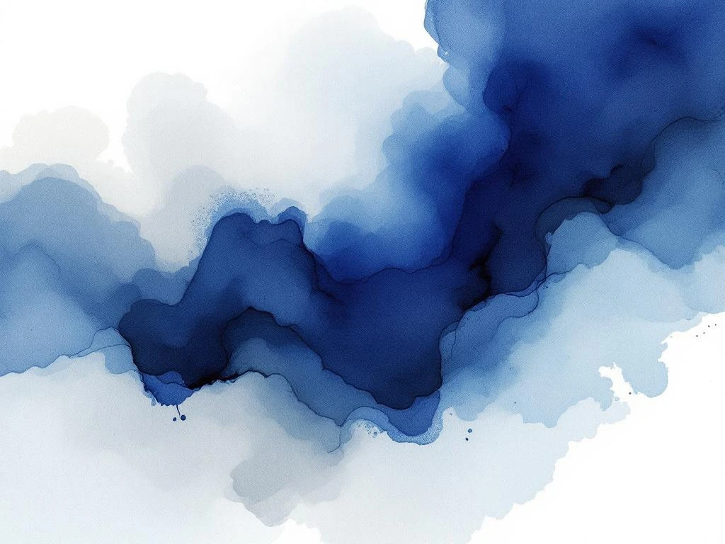 Abstracte minimalistische aquarel met vloeiende blauwe en witte kleurovergangen en zachte grijstinten
