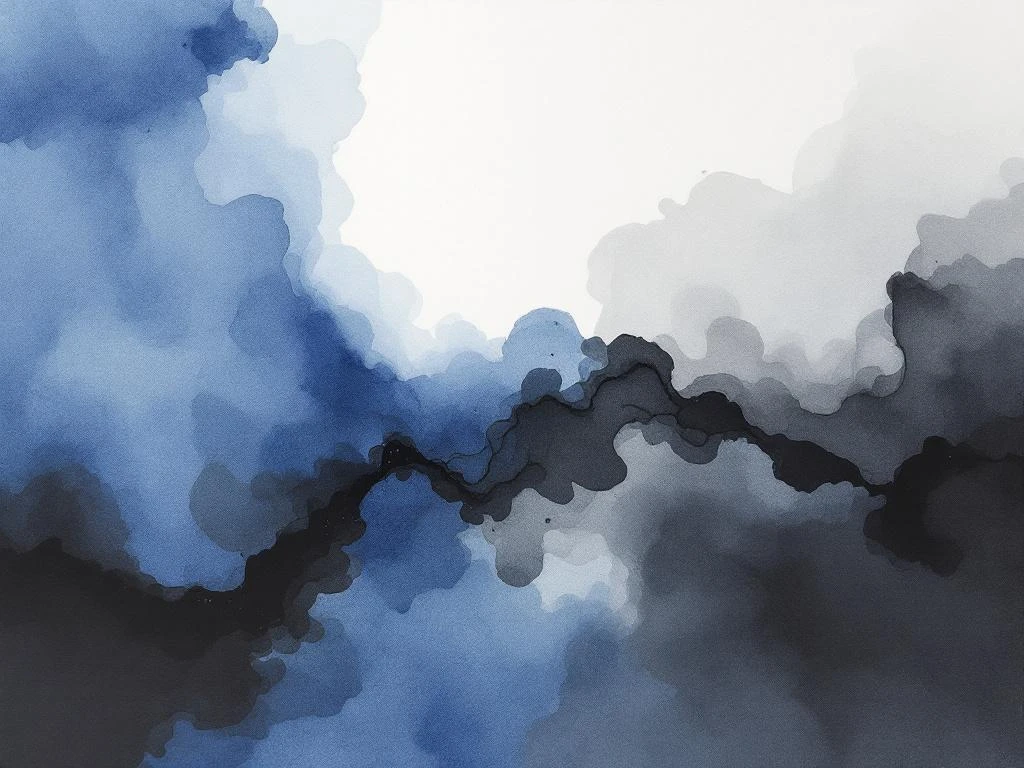 Abstracte minimalistische aquarel met vloeiende blauwe, witte, grijze en zwarte kleurovergangen
