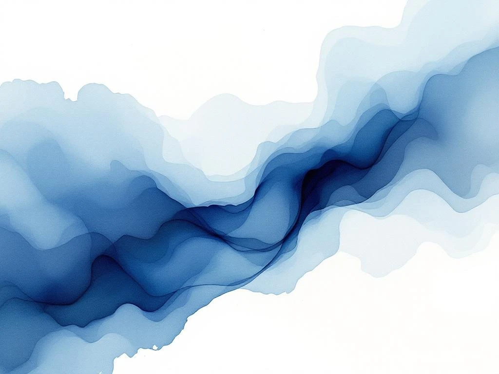 Abstract waterverf schilderij met vloeiende kleurovergangen in diepblauw, wit en grijstinten op natuurlijk papier