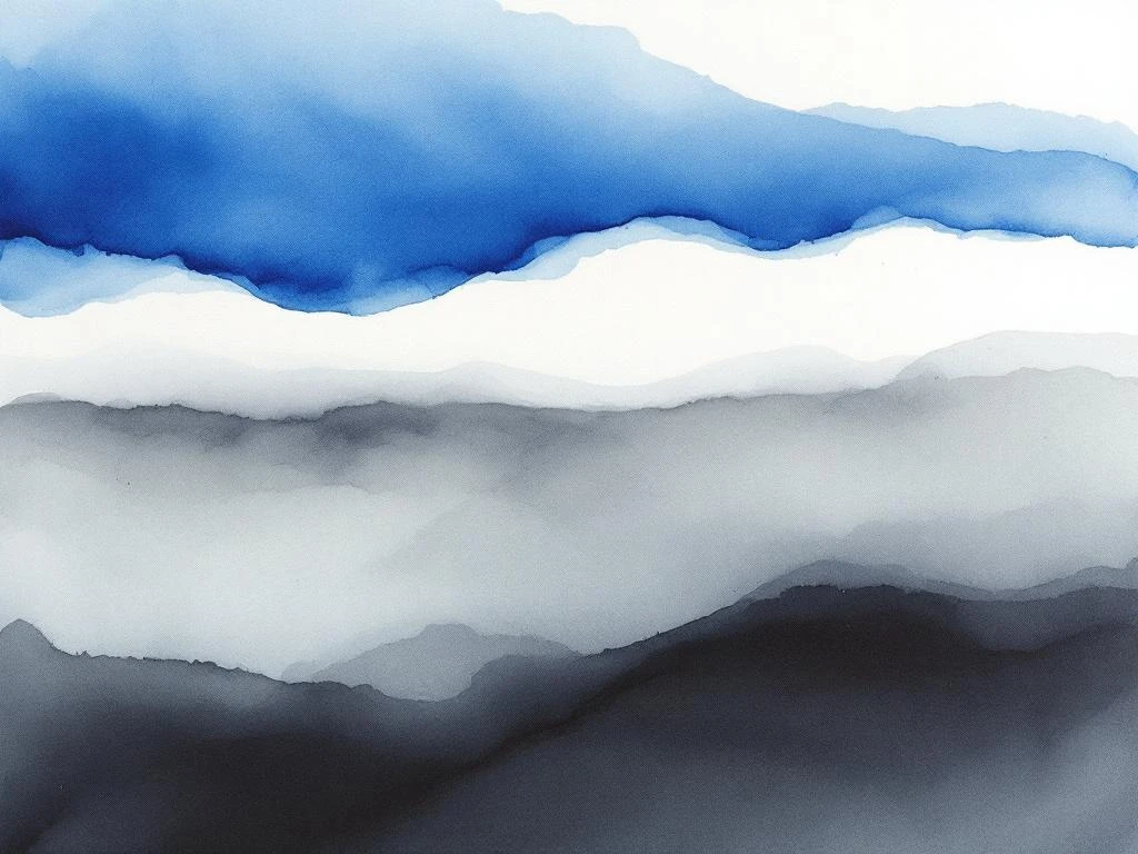 Abstracte minimalistische aquarel met vloeiende kleurovergangen in koningsblauw, wit, grijs en zwart