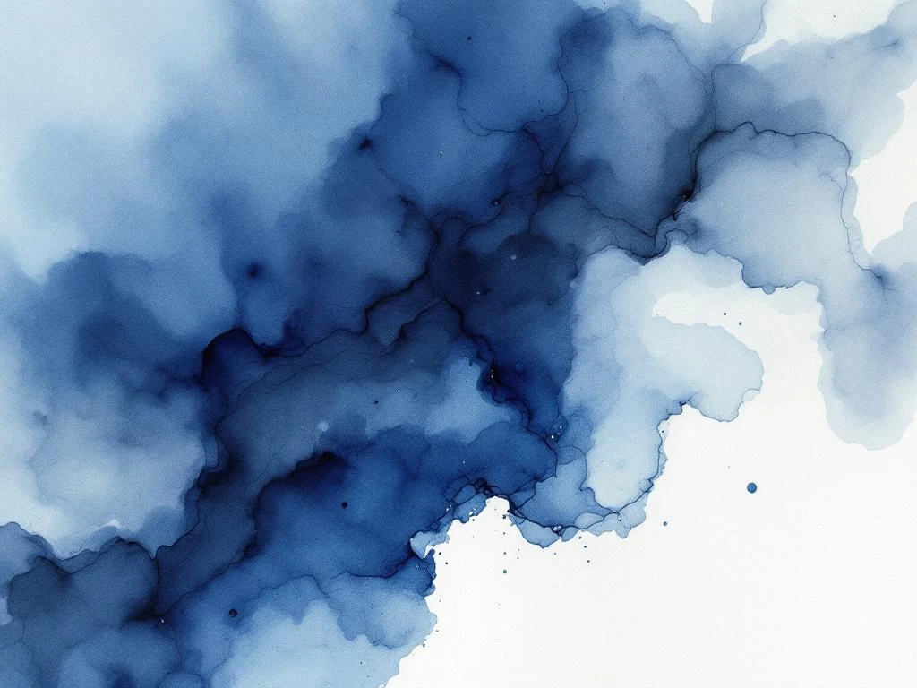 Abstract aquarel schilderij met vloeiende diepblauwe en witte kleurovergangen, zwarte accenten en grijze wassen