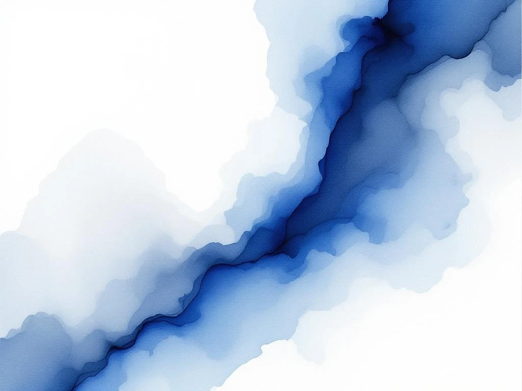 Abstracte minimalistische aquarel met vloeiende koninksblauw en witte kleurvlakken, grijze overgangen en zwarte accenten