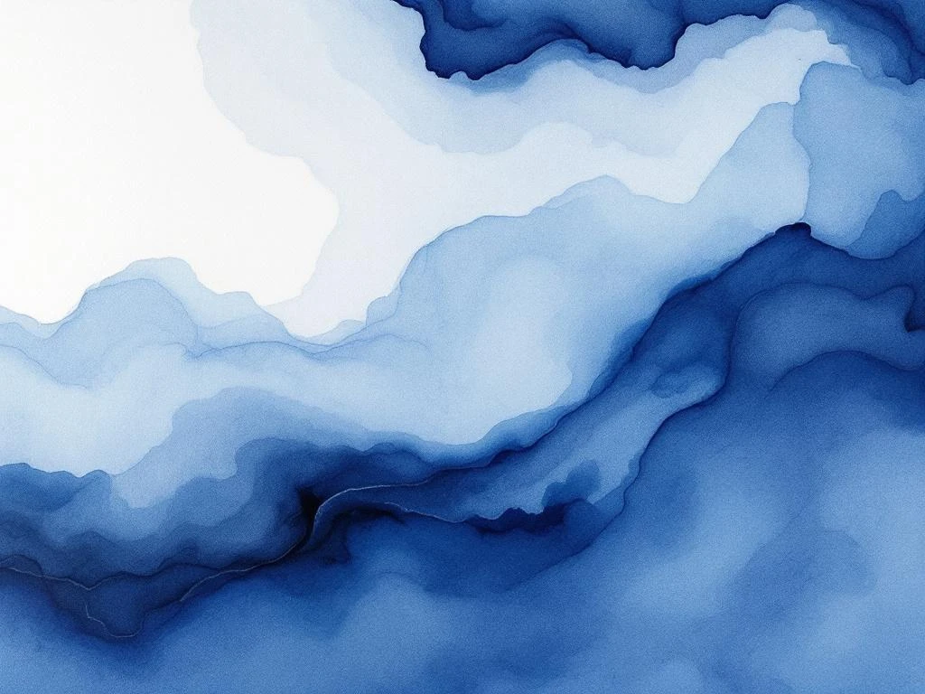 Abstracte minimalistische aquarel met vloeiende blauwe en witte kleurovergangen en organische verfbloeding
