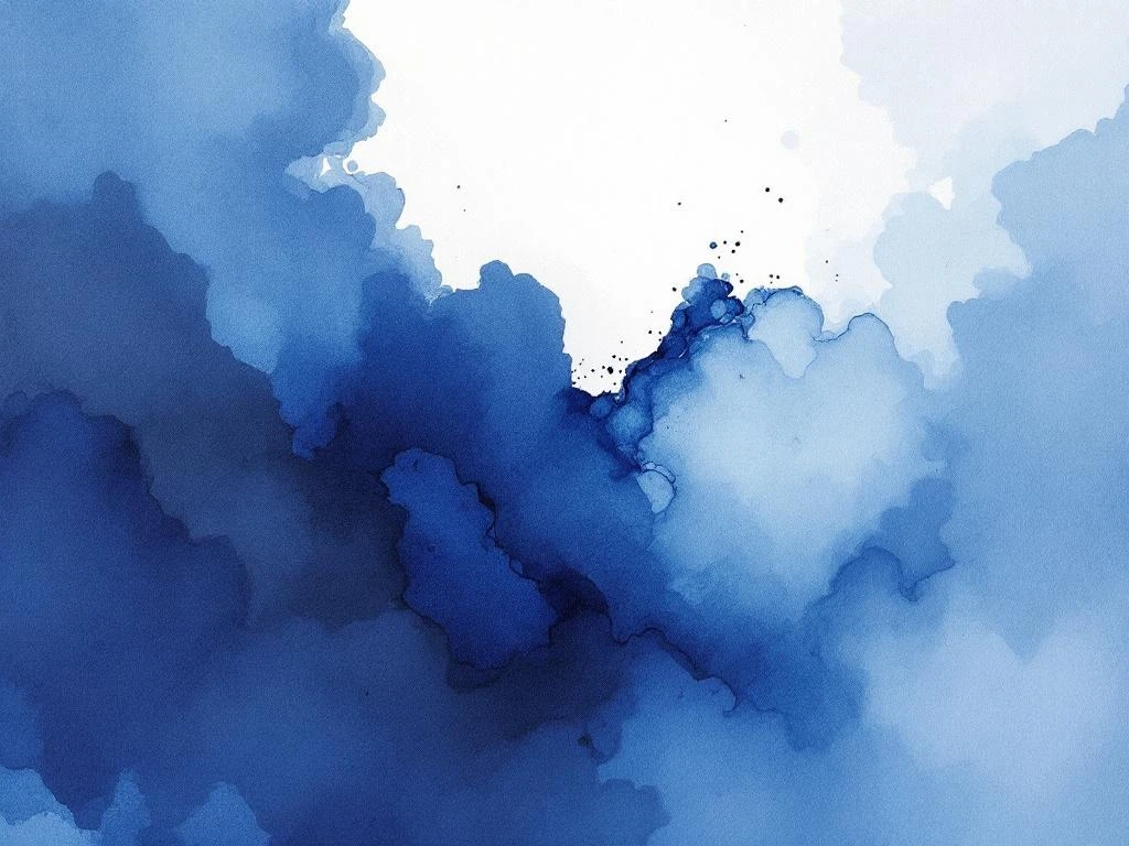 Abstract waterverf schilderij met vloeiende blauwe en witte kleurovergangen en zachte grijze middentonen