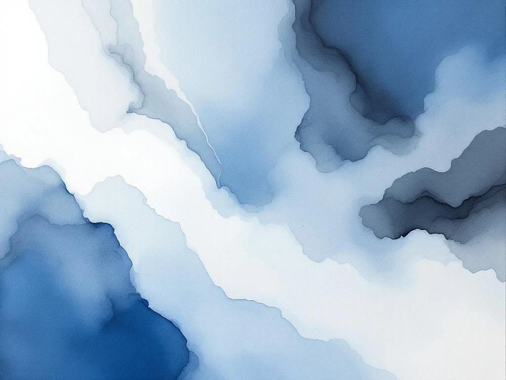 Abstracte minimalistische aquarel met vloeiende kleurovergangen in diepblauw, wit, zwart en grijstinten