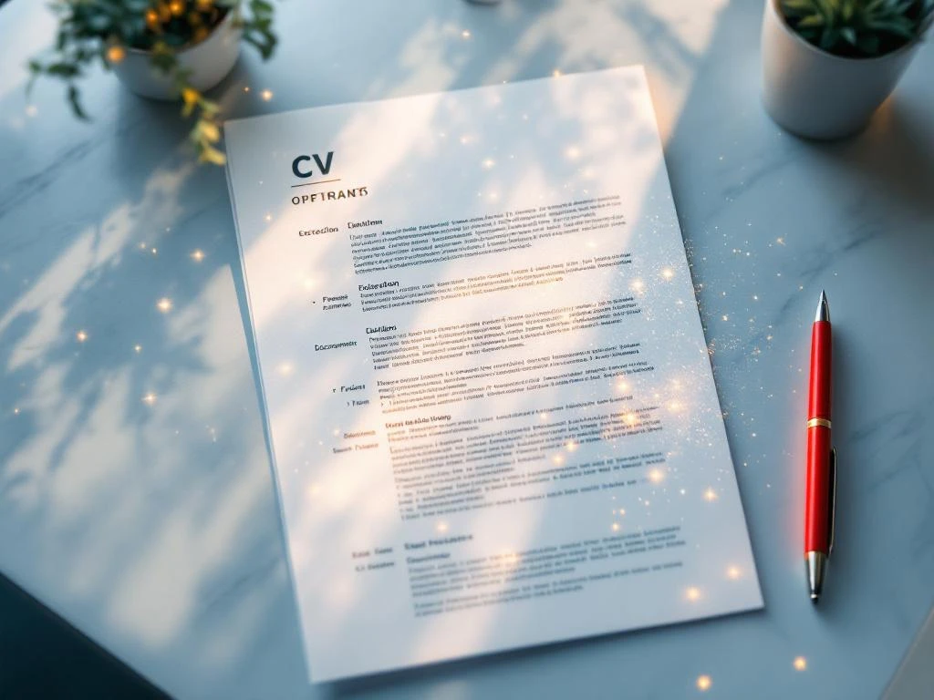 CV-document op witte bureau met rode pen, waarbij delen van de tekst vervagen in lichtdeeltjes tijdens optimalisatie