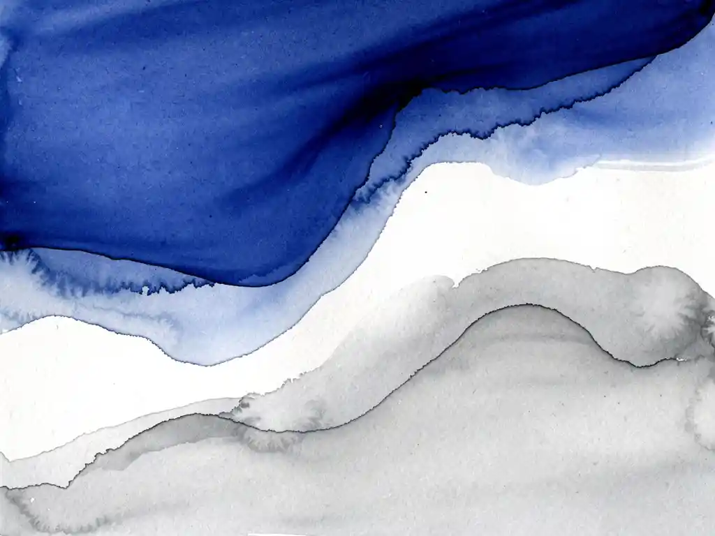Abstracte aquarelcompositie met vloeiende overgangen van diepblauw naar zachte grijstinten en witte ruimtes