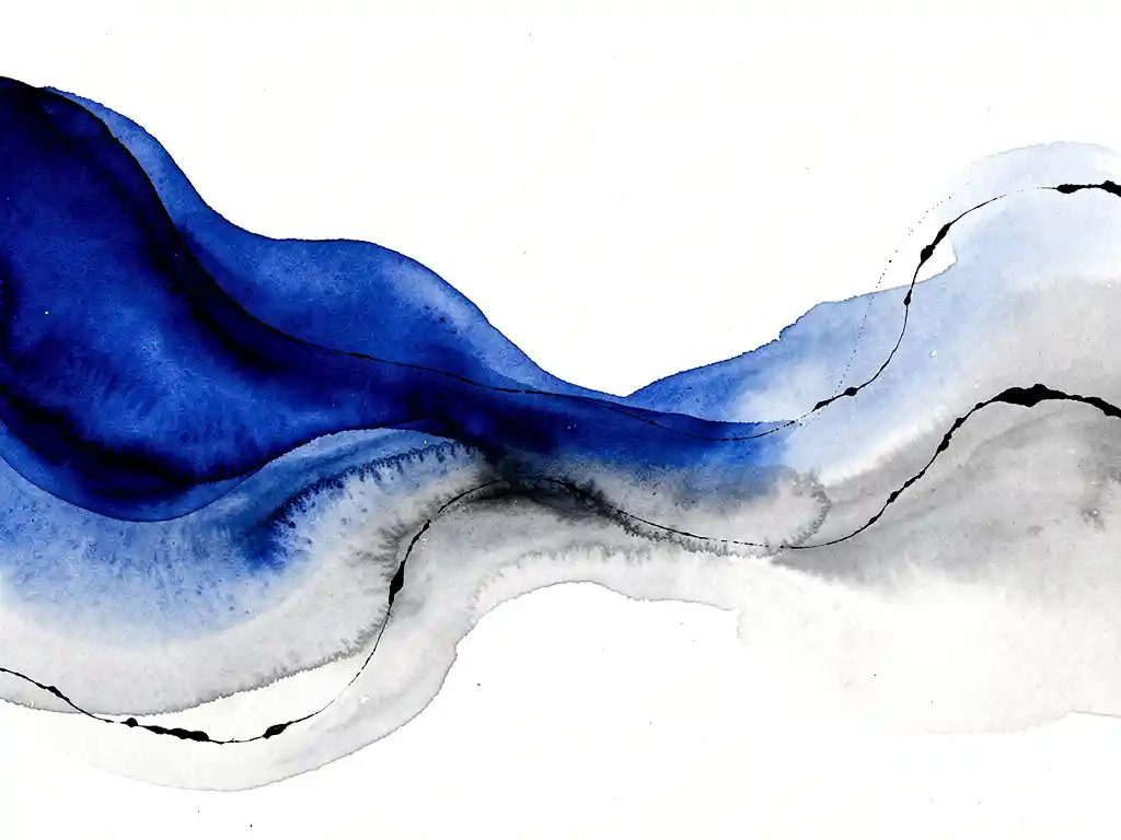 Abstracte aquarel met vloeiende elektrisch blauwe en grijze kleurovergangen, witte negatieve ruimte en zwarte accenten