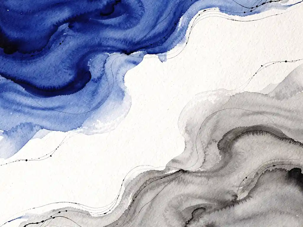 Abstracte aquarel met vloeiende overgangen van diepblauw naar grijs, witte negatieve ruimte en zwarte accenten