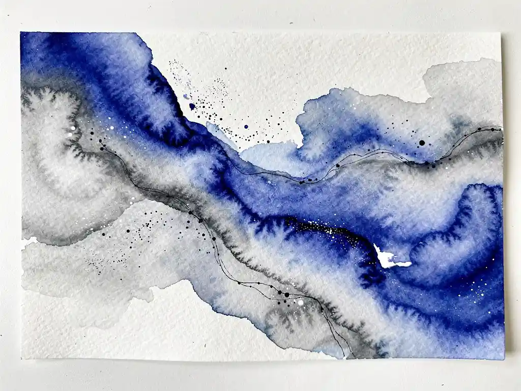 Abstract aquarelwas in elektrisch blauw die overvloeit in grijze tinten met witte ruimtes en zwarte accenten