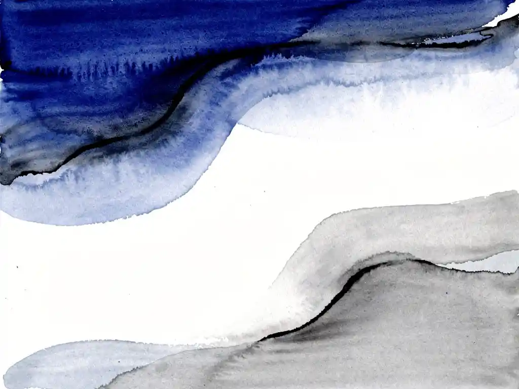Abstracte aquarel met vloeiende kobaltblauwe en grijze tinten, witte negatieve ruimte en zwarte accentstrepen