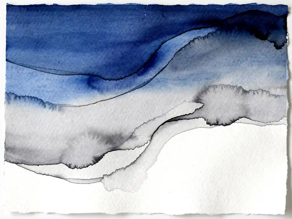 Abstract aquarel compositie met vloeiende kobaltblauwe en grijze tinten op wit papier met natuurlijke vezeltextuur
