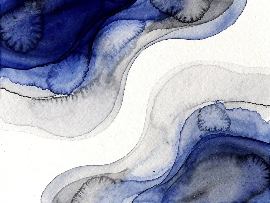 Abstracte aquarel met diep kobaltblauwe vloeistoffen die overgaan in zachte grijstinten en witte ruimtes op getextureerd papier