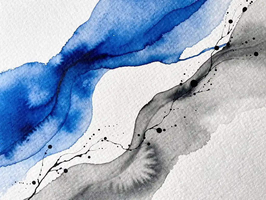 Abstracte aquarelcompositie met diepblauwe verfstromen die overvloeien in grijze wassen op gestructureerd papier