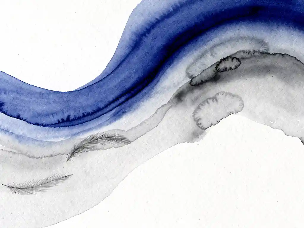 Abstracte aquarel met vloeiende overgangen van diepblauw naar zachte grijstinten en witte ruimte