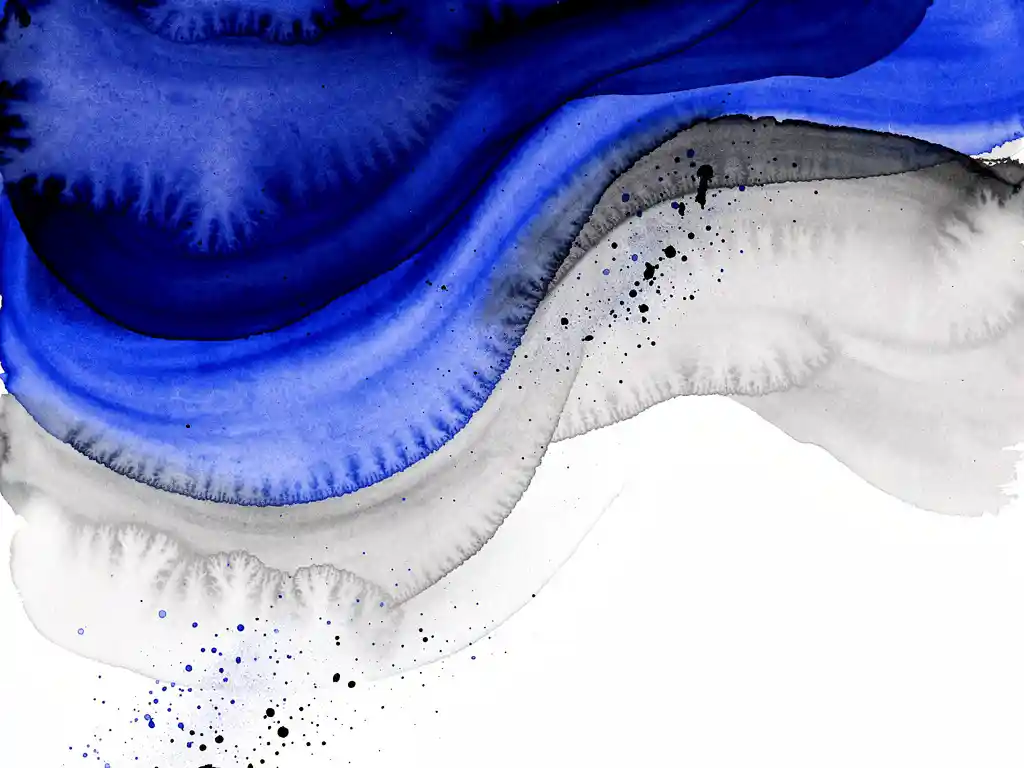 Abstracte waterverf in elektrisch blauw die overvloeit in zachte grijstinten met witte negatieve ruimte