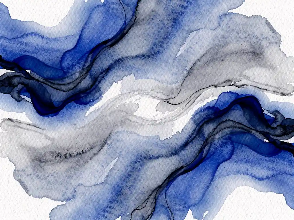 Abstracte aquarel compositie met diepblauwe en grijze tinten vloeiend over gestructureerd papier