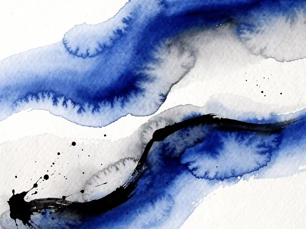 Abstracte aquarel met vloeiende elektrisch blauwe verloop naar wit, grijze wassen en zwarte accenten in wolkachtige vormen