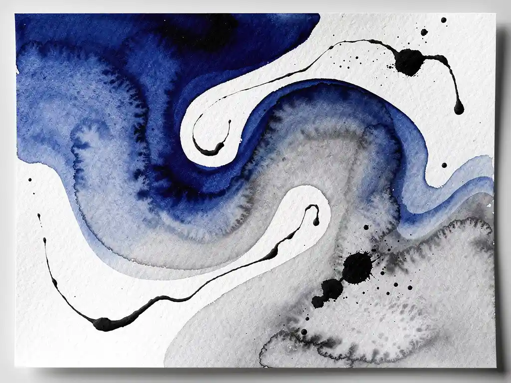 Abstracte aquarel met vloeiende overgangen van diepblauw naar zachte grijstinten en witte negatieve ruimte