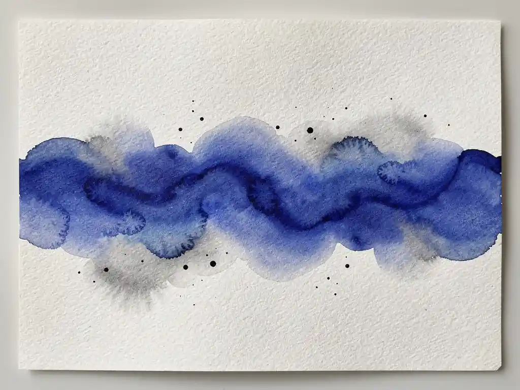 Abstracte aquarel compositie met diep kobaltblauwe verf die horizontaal vloeit over wit papier met grijze accenten