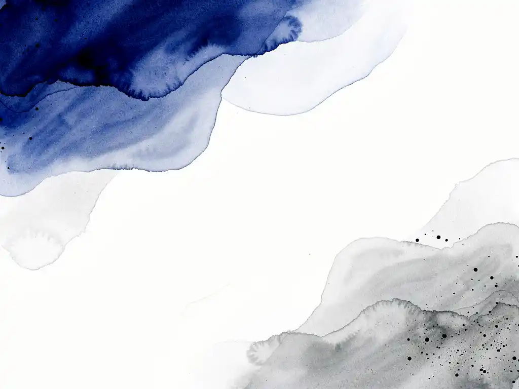 Abstracte aquarelcompositie met vloeiende kobaltblauwe en grijze kleurvelden in minimalistische stijl