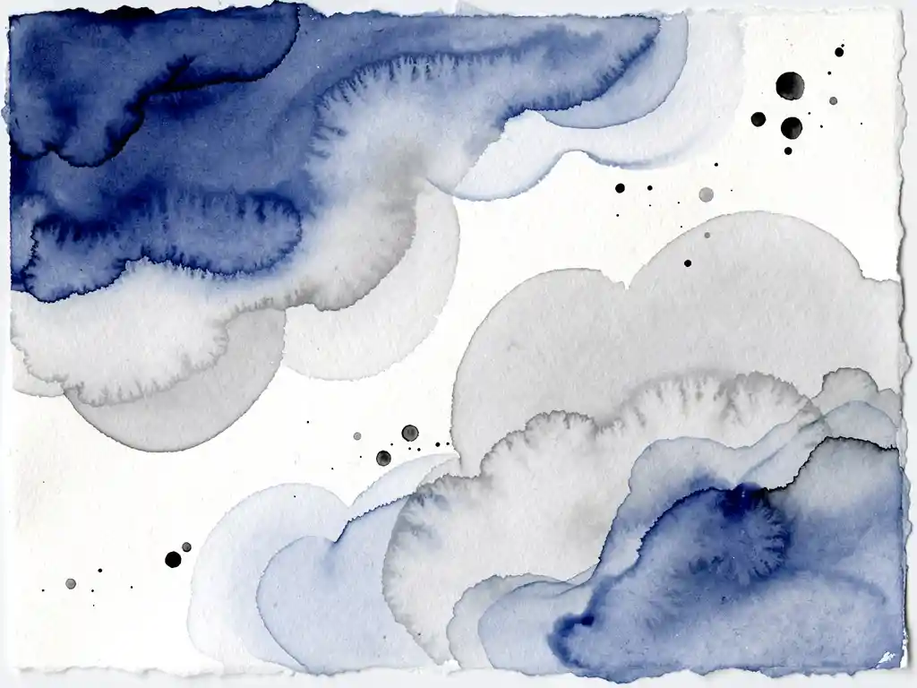 Abstracte aquarel compositie met vloeiende diepblauwe verf die overloopt in zachte grijze wassen op wit papier