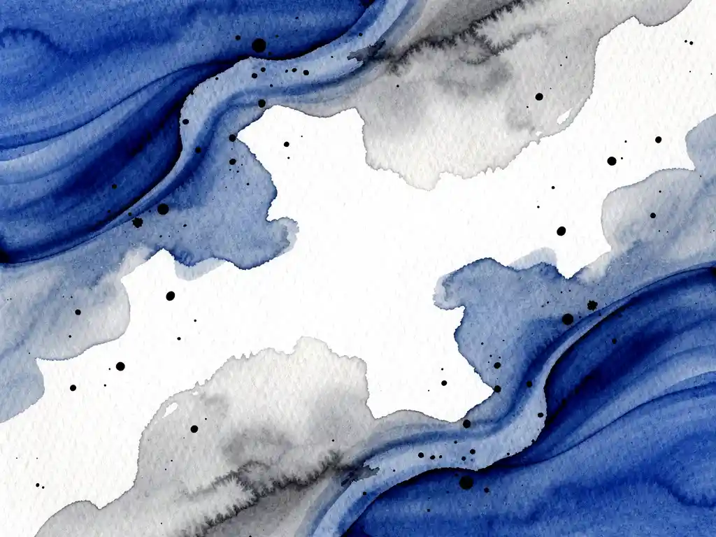 Abstracte aquarel met vloeiende elektrische blauwe tinten die overgaan in grijze wassen en witte ruimtes op gedetailleerd papier