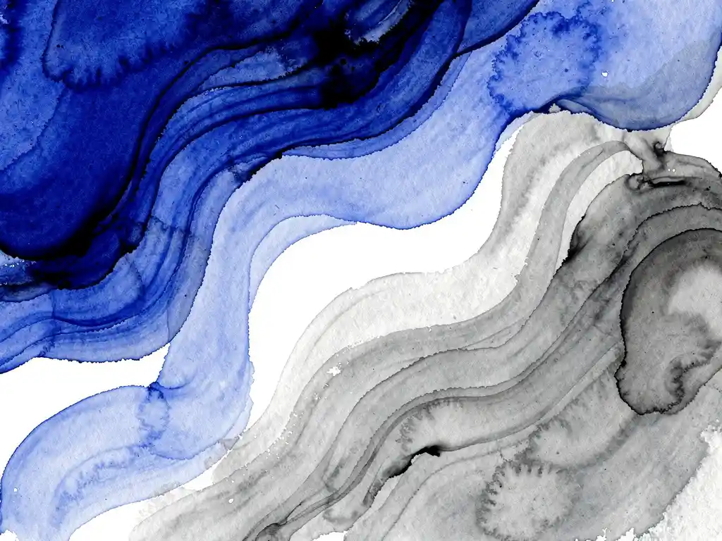 Abstracte aquarel in diepblauw en grijs met vloeiende vormen en witte negatieve ruimte