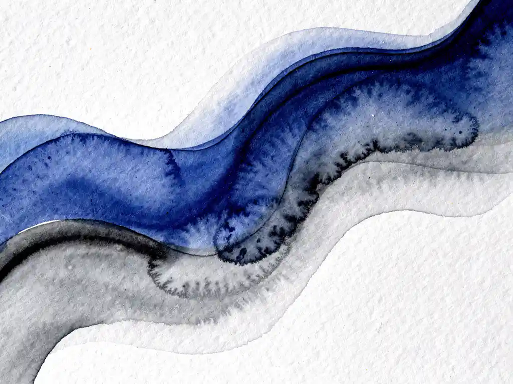 Abstracte aquarel compositie met cobaltblauwe verf die vloeit in grijze tinten op gestructureerd papier