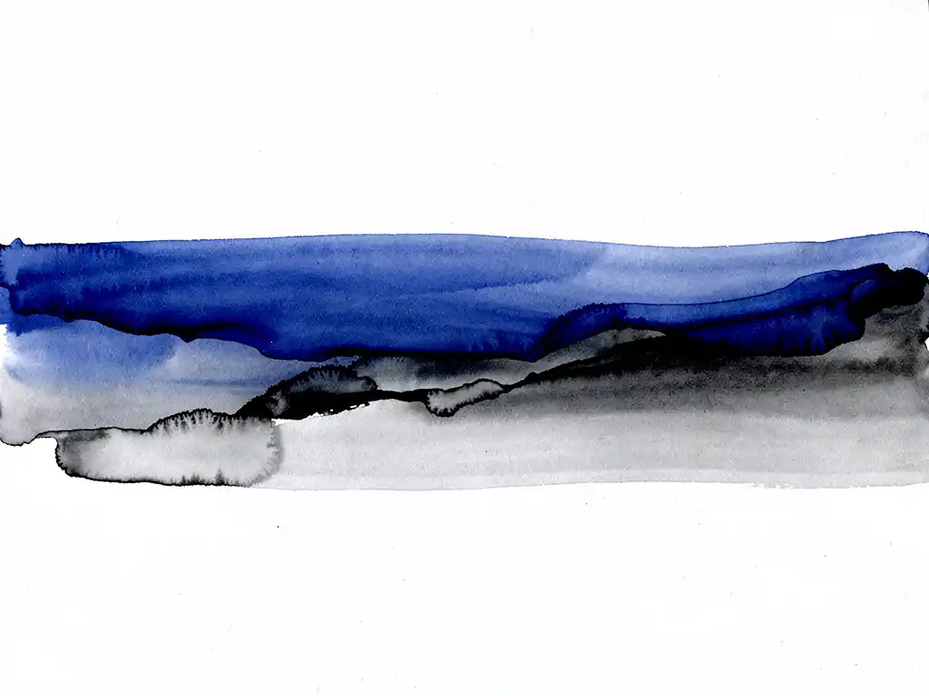 Abstracte aquarel met diepblauwe en grijze tinten die vloeiend overvloeien op wit canvas