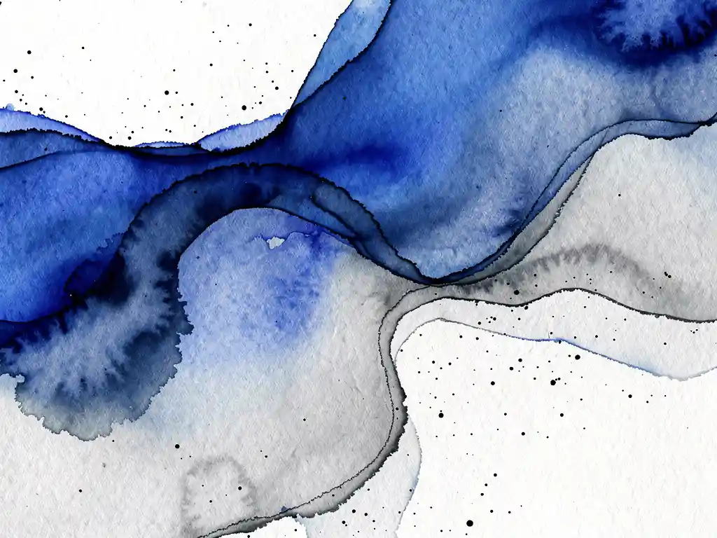 Abstracte aquarel met diepblauwe en grijze kleurovergangen op gestructureerd aquarelpapier