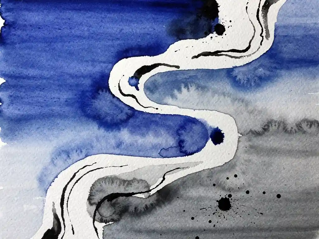 Abstracte waterverf met diepblauwe vloeistoffen die overgaan in grijze tinten op getextureerd papier