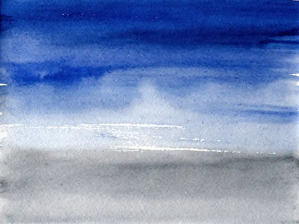 Abstracte aquarel in diepblauw en grijs met zachte overgangen en witte accenten op getextureerd papier