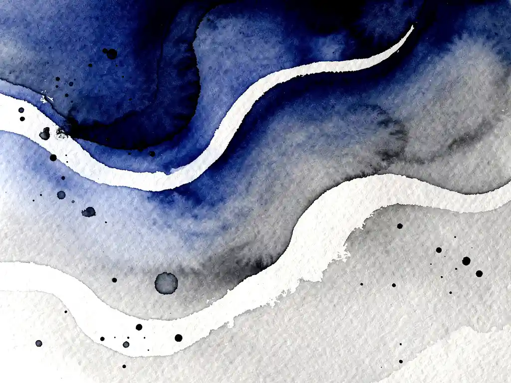 Abstracte aquarel met diepblauwe verfstromen die overgaan in grijze tinten op gestructureerd papier