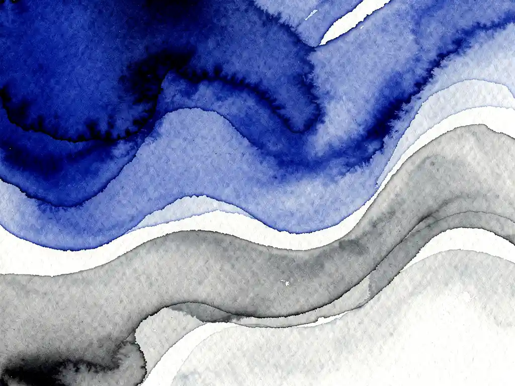 Abstracte aquarel met diep kobaltblauwe verfstromen die overgaan in zachte grijstinten op wit papier