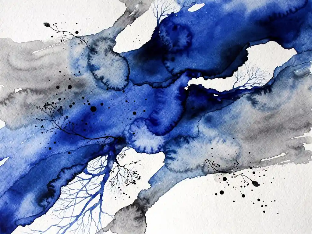 Abstracte aquarel met elektrisch blauwe verfstromen die overgaan in grijze tinten op wit papier met zwarte inktdruppels