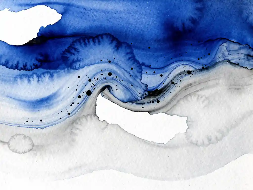 Abstracte aquarel met elektrisch blauwe verfstromen die overvloeien in grijze tinten en witte negatieve ruimte