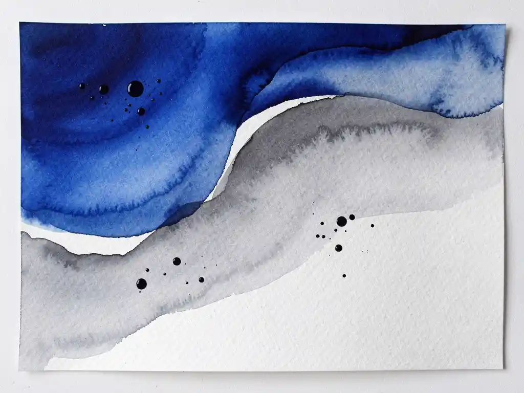 Abstracte aquarel in diepblauw en grijs met vloeiende overgangen op gestructureerd papier, zwarte inktdruppels voor diepte